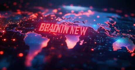 Digital world map with illuminated continents and futuristic grid lines featuring bold red glowing text in the center with dynamic light effects