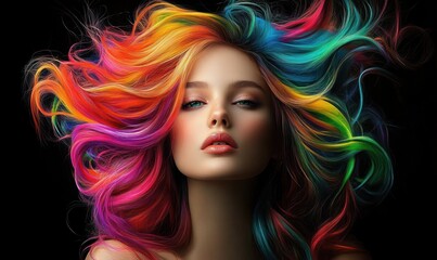 Portrait of a woman with strikingly vibrant, multicolored flowing hair set against a dark background, conveying confidence and boldness