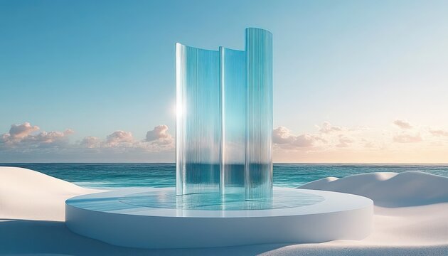 Transparent curved glass panels mounted on a round white platform set on smooth sand dunes with a calm ocean and serene sky in the background