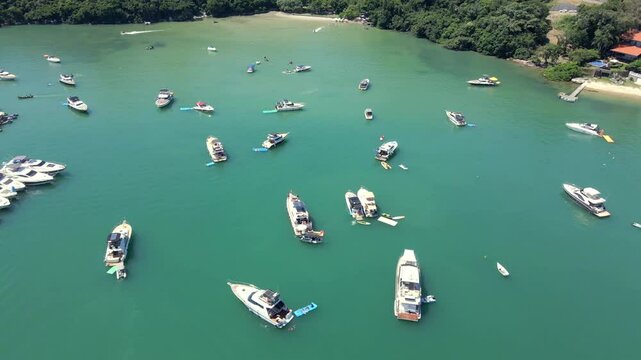 Aerial View Of Yachts Floating In The Bay Near Caixa D Aco Beach In Santa Catarina, Brazil.