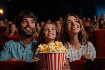 Happy family, including a man, woman, and young girl, watching a movie in a dark theater with big smiles and a large bucket of popcorn
