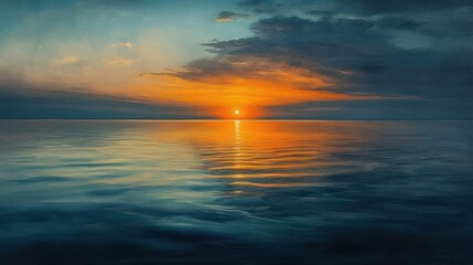Calm ocean at sunset with vibrant orange, blue, and yellow sky and gentle rippling water reflecting the glowing sun