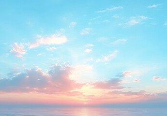 Calm ocean at sunrise with soft pink and orange clouds reflecting over calm water under a bright blue sky