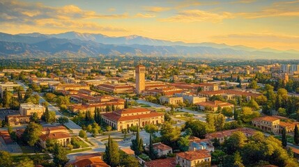 Obraz premium Aerial view of a sprawling university campus with red-tiled roofs and a tall clock tower surrounded by lush greenery and distant mountains at sunset