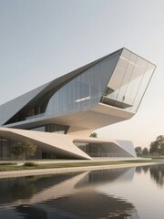 Naklejka premium Modern Architectural Building with Reflective Water Feature