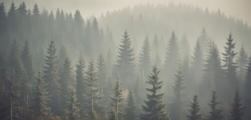 Fototapeta premium Retro-styled photo of a foggy fir forest scene, vintage filter applied, texture, hipster