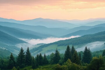 Obraz premium Serene mountain landscape with layered blue hills, green fir trees, morning fog in valleys, and soft pastel sunrise sky