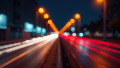 Obraz premium Blurred traffic lights at night forming streaks of color, vivid, transportation, highway