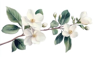 Obraz premium Delicate white flowers blossoming on a slender branch with lush green leaves and unopened buds, evoking a sense of natural beauty and tranquility