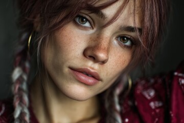 Fototapeta premium Close up of woman with red hair and pigtails looking forward confidently