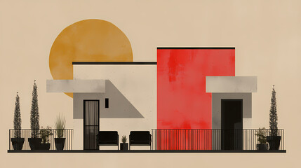 Urban chic guest house with minimalist concrete facade, rooftop patio, and potted plants. minimalist. Illustration