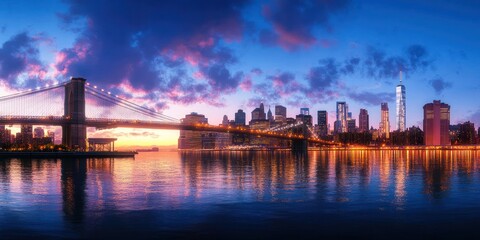 Fototapeta premium Illuminated suspension bridge spanning calm river with glowing city skyline at sunset and vibrant colorful clouds