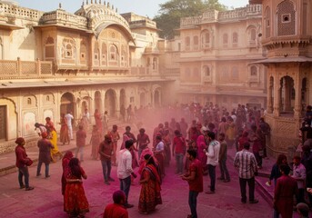 Obraz premium Holi Celebration: A crowd celebrates Holi with vibrant colors in a historic courtyard, showcasing a spectacle of tradition and cultural harmony.