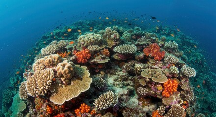 Fototapeta premium Underwater Reef Landscape: An eye-level view of a vibrant, thriving coral reef ecosystem teems with colorful coral formations and the natural marine life.