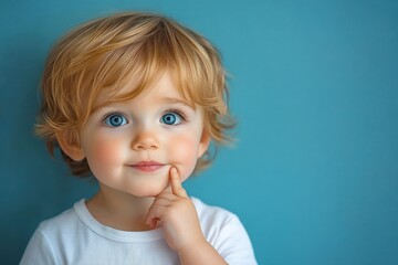 Close-up of a toddler with bright blue eyes and blonde hair thoughtfully touching their chin against a plain blue background