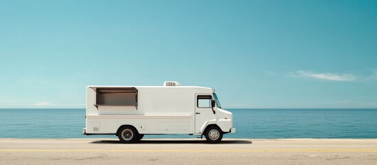 Photo of a white food truck on the side road near the ocean, a mockup template for advertising and social media post