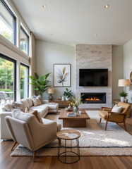 Fototapeta premium Modern living room featuring cozy fireplace, stylish furniture, and natural light
