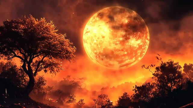 Fiery orange supermoon rising over a silhouetted forest, dramatic sky