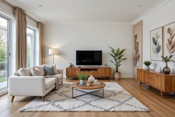 Fototapeta premium Modern living room featuring cozy sofa, wooden furniture, and decorative plants