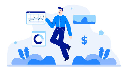 Man pointing to a graph with a dollar sign. Suitable for finance presentations, business blogs, investment articles, and economic reports.