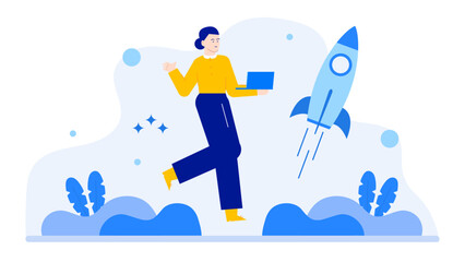Woman with a laptop stands near a rocket, symbolizing innovation, technology, space exploration. Perfect for technology, innovation, space themed designs.