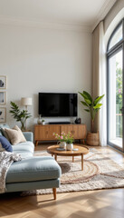 Cozy living room with stylish sofa, modern TV, and decorative plants creates welcoming