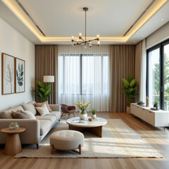 Fototapeta premium Modern living room features elegant furniture, large windows, and greenery, creating serene