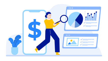 Woman examining data with magnifying glass, suitable for financial analysis, market research, data exploration, business presentations, or data analysis concepts.
