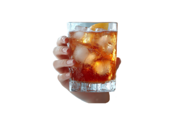 A hand with natural nails holding a glass of iced cocktail with lemon garnish, isolated on a transparent background