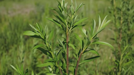 Obraz premium Green Willow Branches with Summer Meadow.