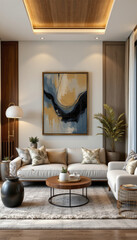 Modern living room features elegant furniture, artistic decor, and cozy atmosphere