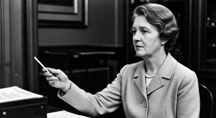 Smart and Professional: A sophisticated woman in formal attire, gestures pensively with a pen, immersed in thought within a refined office setting, evoking a sense of authority and intellect.