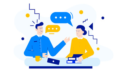 Two people conversing during a meeting or negotiation. Suitable for business presentations, teamwork concepts, communication skills, and office settings.