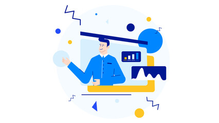 Man presenting data charts and graphs, suitable for business presentations, financial reports, marketing material, website design. Strategic planning concepts.