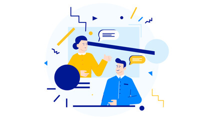 Woman and man in colorful clothing conversing, ideal for diverse communication themes, relationship building concepts, teamwork, and casual business settings.