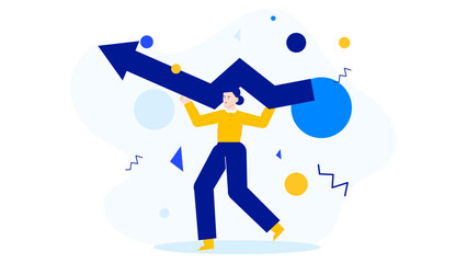 Woman successfully elevating a blue arrow as a symbol of growth, progress, success. Suitable for business, motivation, achievement concepts.