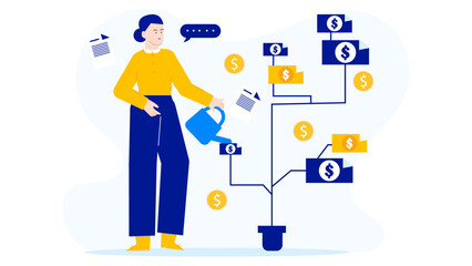 Woman water money tree with watering can. Financial growth, investment, savings, wealth management, money management, prosperity, abundance, success concepts.