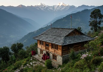 Serene Mountain Retreat: Nestled in a picturesque mountain landscape, a rustic wooden building stands as a sanctuary of peace, framed by rolling hills and majestic snow-capped peaks.
