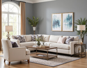 Elegant living room featuring white sectional sofa, decorative pillows, and coffee table
