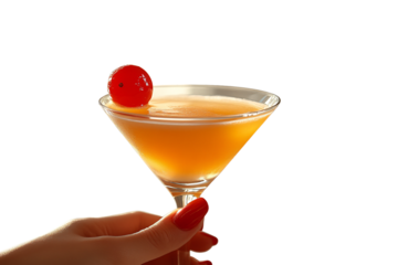 Hand with red nails holding orange cocktail in martini glass, topped with maraschino cherry, stylishly presented, isolated on a transparent background