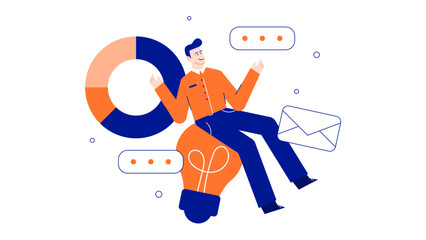 Man on light bulb with envelope and pie chart suitable for business presentations, innovation concepts, idea generation, and creative brainstorming. Ideal for corporate designs.