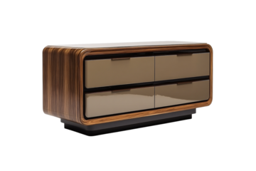 Modern dresser with brown glossy drawers and zebrawood frame, rounded edges and base platform, isolated on a transparent background