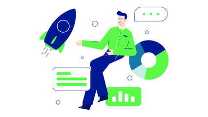 Man sitting on a pie chart with a rocket behind him, suitable for business success concept designs or financial growth visuals. Launch into success with rocket power.