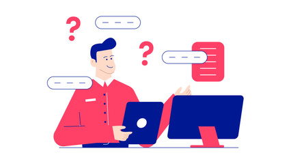 Man with a laptop and desktop computer looking puzzled. Suitable for technology, confusion, work, office, and computer related concepts.