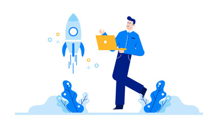 Man with laptop looks at rocket, contemplating space exploration or technology advancements. Suitable for technology, innovation, space exploration concepts.