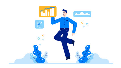 Man holding a yellow graph indicating financial growth, suitable for corporate presentations, financial reports, business websites, and investment newsletters.