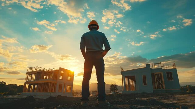 Construction worker in a hard hat standing with his back to the viewer, overlooking two houses under construction at sunset or sunrise.