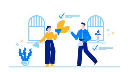 Two people looking at a pie chart, engaging in a discussion, suitable for business presentations, teamwork concepts, data analysis visuals.