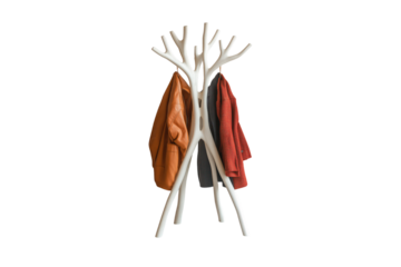 Tree-branch inspired white coat rack holding multiple jackets in earthy colors, elegant and modern, isolated on a transparent background