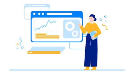 Woman standing with a computer screen displaying a graph and gears. Suitable for technology, business, data analysis, and teamwork concepts.